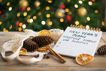 Notepad on the wooden background with plans for the next year and the inscription - new year goals - refuse single use plastics and natural Christmas decoration