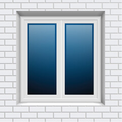 Plastic window in white brick wall from outside. Vector illustration.
