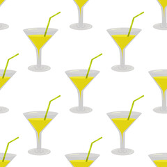 Color seamless pattern of various summer elements. Soft drink, a yellow fruit cocktail with a straw. Fashion design, packaging, background. Vector flat illustration.