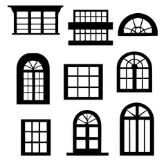 Vector illustration. Large set of Silhouettes. Window frames and windows.