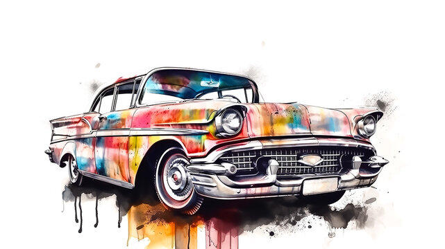Illustration of a painted sketch of a classic car, AI-Generated image.	