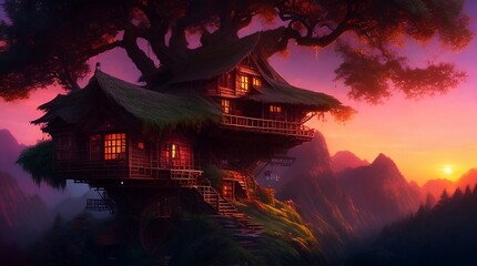 Tree house in a beautiful sunset, landscape, illustration 