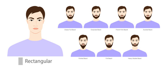 Set of Beard style for Rectangular face shape and mustache men illustration Facial hair. Vector black purple portrait male Fashion template flat barber collection. Stylish hairstyle isolated outline