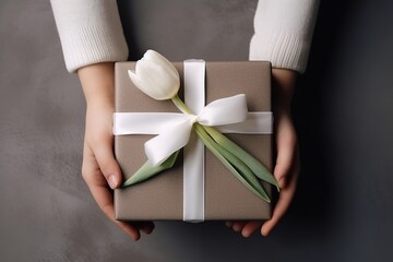 Top view of hands holding gift box with flower. Generative AI