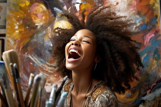 Cheerful African American woman in her paint work studio.Generative AI