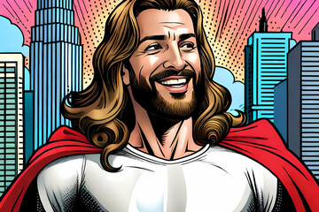 Laughing Jesus Christ superhero in the modern city. - 608460610
