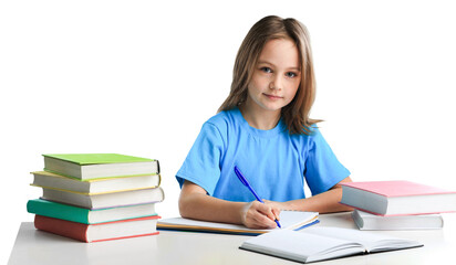 Education, learning concept - student girl with book writing school test