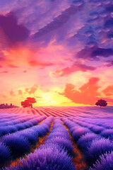 Fototapeta na wymiar Lavender field at magic sunset view. Generative AI vertical illustration