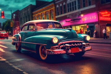 Fototapeta na wymiar Vintage classic car driving in the street at dusk. Generative AI