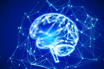 Digital brain shaped with blue neural connection lines and glowing dots