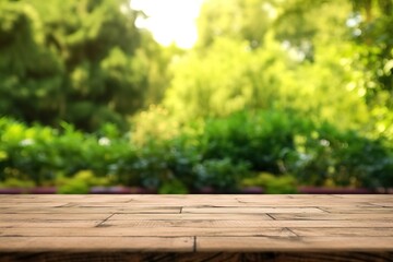 Fototapeta premium Wood table top on nature green bokeh abstract background
