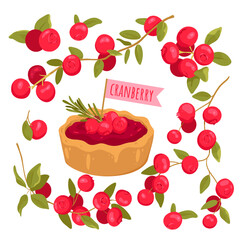 Cartoon isolated vitamin red berry fruit on branch with leaf, summer twig of botanical plant and organic food ingredient for portion cranberry sweet cake or tart