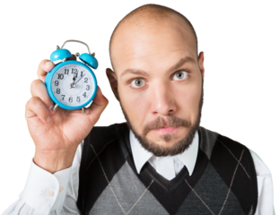 Creative funny pensive businessman with alarm clock with concept strategy
