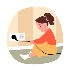 Accident with naughty child and dangerous electric socket vector illustration. Cartoon baby kid holding electrical appliance wire to play with hazard electricity, small girl sitting on home carpet