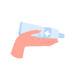 Hand holding container with medical cosmetic cream or ointment, disinfectant antibacterial gel to apply on skin vector illustration. Cartoon isolated plastic container with medicine in palm of hand