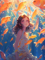 Obraz na płótnie Canvas Anime character girl and fish in under the sun shining water