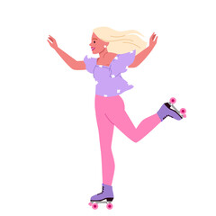 Girl riding on fast roller skates vector illustration. Cartoon isolated sporty young beautiful woman wearing boots with wheels to move with fun and speed, enjoy active motion and rollerskating