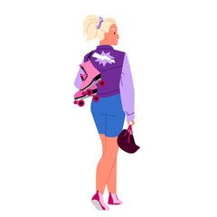 Girl with roller skates vector illustration. Cartoon isolated young woman in fashion clothes walking, carrying pair of boots with wheels, helmet for skating after summer sports activity, rollerskating