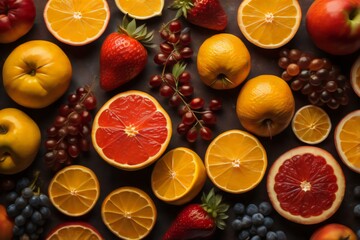 Fototapeta na wymiar different types of fresh fruits on a dark background, top view.