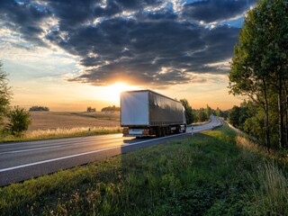 White truck driving on the asphalt road in rural landscape with dramatic cloud at sunset