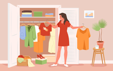 Cartoon woman holding hanger with dress and shirt, standing near wardrobe to sort clothes, choose stylish outfit, find obsolete old apparel. Girl keeping order in home closet