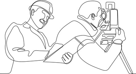 Close up of Caucasian worker with helmet on head using tablet for work while standing in warehouse. Surveyor with a tripod icon. Geodesic tripod. Vector illustration