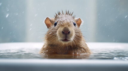 Baby capybara taking a bath full of soap foam created with generative AI technology