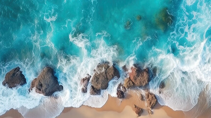 Obraz premium Beach as a background from top view. Summer seascape from air. Waves and azure water as a background