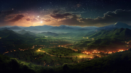 Beautiful valley with milky way and moon