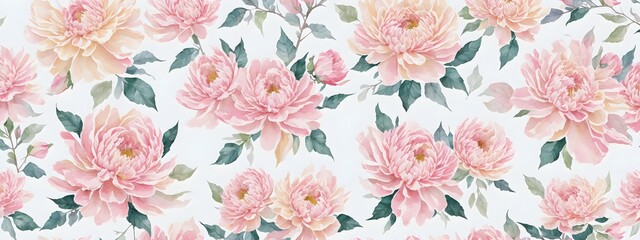 Delicate floral watercolor pattern, floral pattern for textile and background, watercolor peony flowers and green leaves, soft colors, boho style on a beige background, floristic vintage.Generative AI