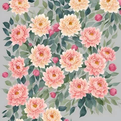 Fototapeten Delicate floral watercolor pattern, floral pattern for textile and background, watercolor peony flowers and green leaves, soft colors, boho style on a beige background, floristic vintage.Generative AI © 360VP