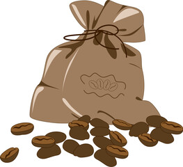 coffee beans and bag on a white background