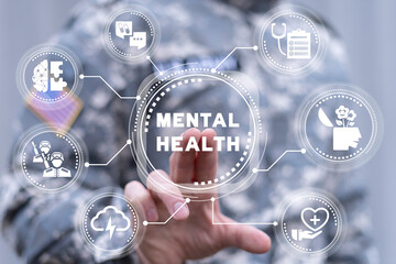 Soldier using virtual touchscreen presses text: MENTAL HEALTH. Mental health, harmony military...
