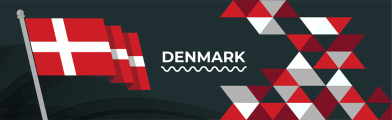 Denmark national day banner design. Danish flag theme graphic triangle art web background. Abstract celebration pattern, red white color. Denmark flag geometric triangles vector Scandinavia.