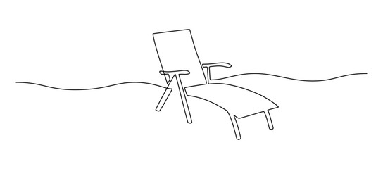 One continuous line drawing of beach lounge chair. Concept of summer vacation and travel in paradise island and sea in simple linear style. Editable stroke. Doodle vector illustration