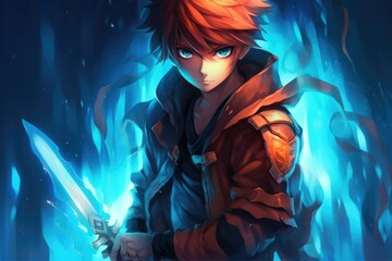 an anime character with a sword in his hands, in the style of airbrush art, dark orange and sky-blue, mashup of styles, stark contrast, trick of the eye paintings. generative ai