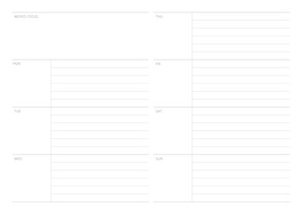 A weekly plan design template in a modern, simple, and minimalist style. Note, scheduler, diary, calendar, planner document template illustration.