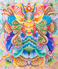 Obraz premium Symmetrical abstraction composition. Watercolor drawing. Mask of a fantastic image. Portrait of an alien creature.