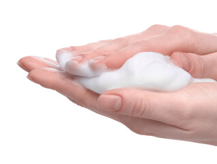 Naklejka premium Woman with bath foam on white background, closeup