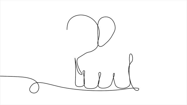 Animation in continuous line style. Cute moving icon with big elephant inhabitant of jungle or savannah. Wild exotic animal or mammal. Linear graphic animated cartoon on white background
