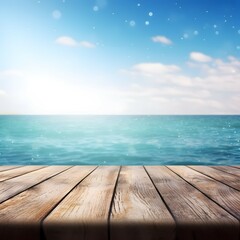 Wood table top on blur sparkling sea water and summer sky background