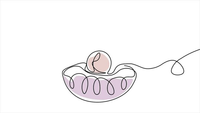 Animation in continuous line style. Minimalistic banner with open shell with pearl. Aesthetic moving sketch with sea gems. Outline object. Linear graphic animated cartoon on white background