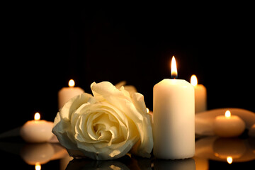 White rose and burning candles on black mirror surface in darkness, closeup with space for text....