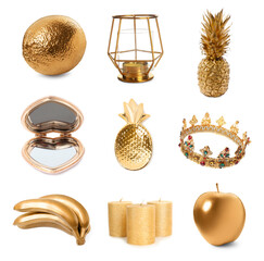 Set of different items in gold color on white background