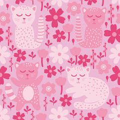 Cute cat seamless pattern. Pink cat and flowers on pink background. Barbiecore style children’s allover print. Girl fashion raster backdrop