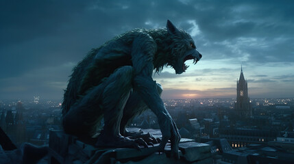 scary werewolf monster. vintage. classic monster. horror story. AI generated image