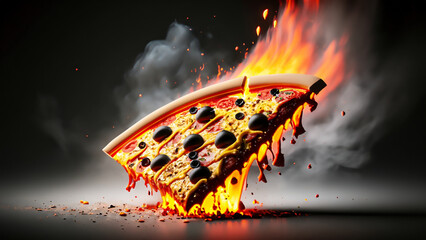 blurred colorful dramatic explosion on dark background with fire smoke and hot lava splashes of pizza slice