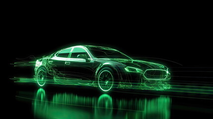 Fototapeta na wymiar Green neon car in the dark, car on high speed , motion move