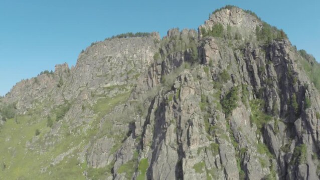 Altai mountains, aerial top view of the mountain, blue sky, dronr footage, aerial shooting from drone