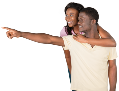 Portrait of a Smiling Couple Pointing Finger